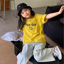 女童短袖T恤纯棉夏季薄款韩版宽松初中学生笑脸夏装洋气时髦上衣