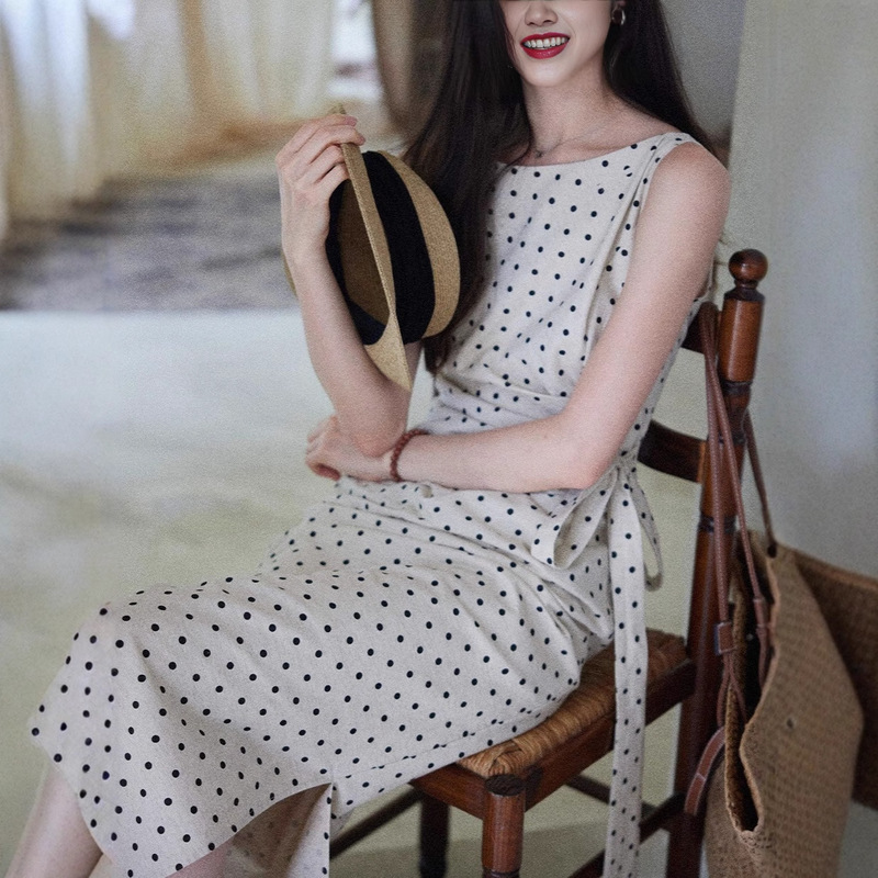 Er Yang Design Pine Moon High-End Elegant Polka Dot Dress Women's Side Waist Linen French Long Dress A5923 Er Yang Design Pine Moon High-End Elegant Polka Dot Dress Women's Side Waist Linen French Long Dress A5923
