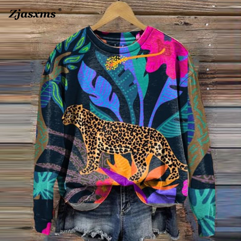 外贸长袖女宽松套头上衣女卫衣复古圆领老虎图案3D打印运动衫