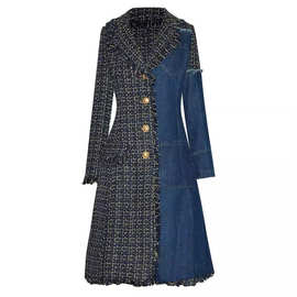 单排扣牛仔拼接中长款口袋格子大衣风衣休闲气质外套2024秋季新款