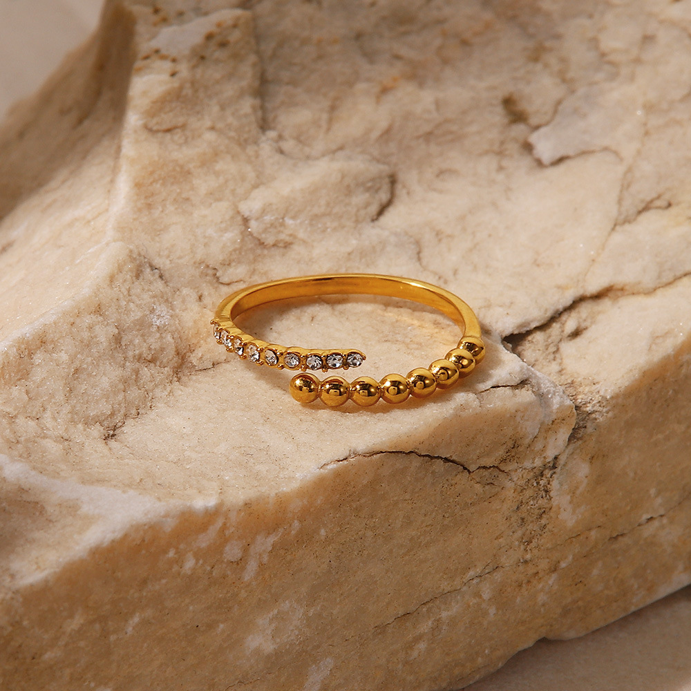 Anello aperto da donna, versatile e alla moda, in oro 18 carati con perline di diamanti bianchi, fascia delicata in acciaio inossidabile e acciaio al titanio._voghion.com