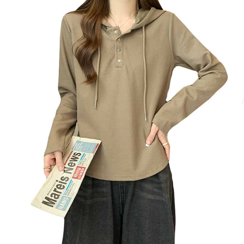 Hooded sweatshirt, oversized plus‑size long‑sleeve, autumn casual, drawstring and button placket