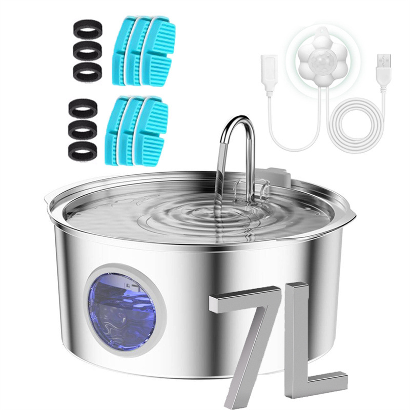 Explosiones transfronterizas 7L de acero inoxidable para mascotas tipo pista redonda de gran capacidad LED para gatos y perros