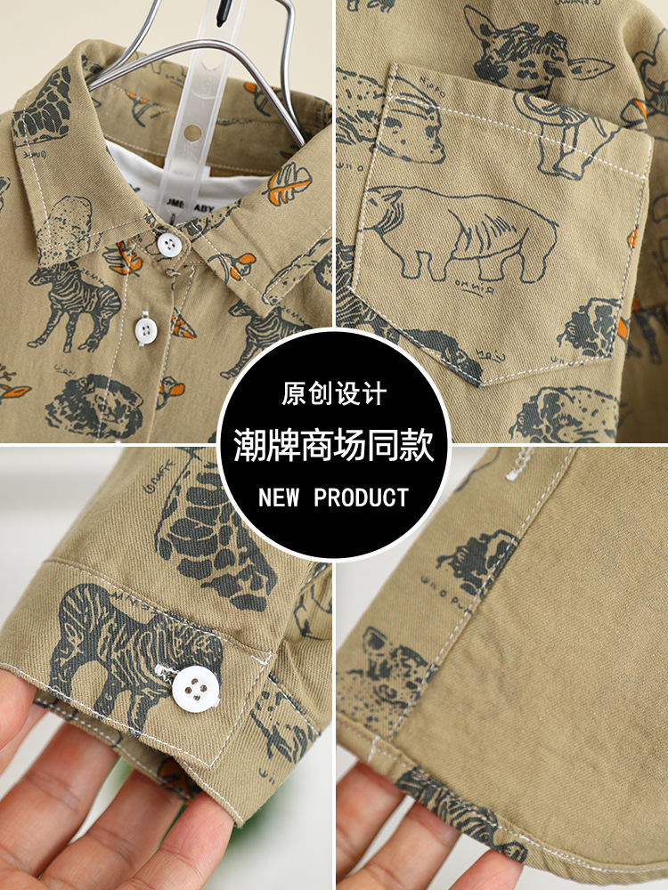 5837 Camisa de dibujos animados para niños Primavera y otoño para niños Camisa coreana de manga larga de estilo occidental 2025 nueva chaqueta para niños
