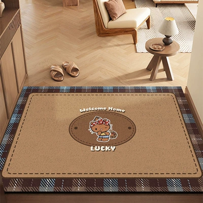 Floor Mat, Entrance Door Mat, Avtomobil döşəmə paspasları - brown-plaid-bow-black-leather-hello-kitty-4060cm-silk-circle