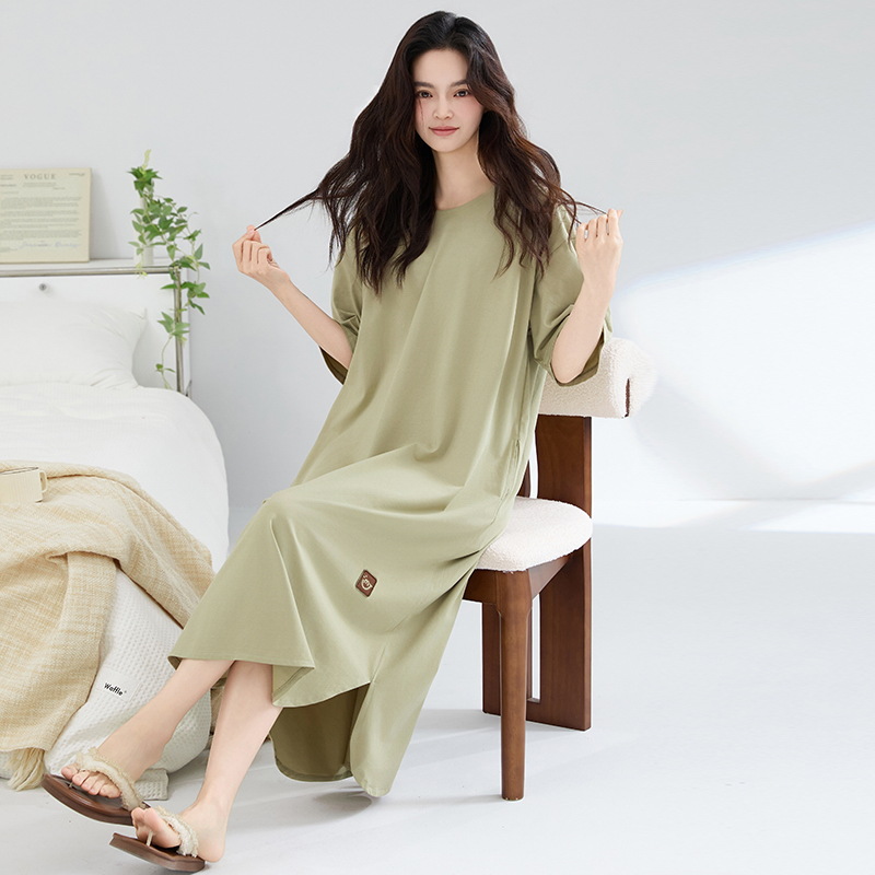 Camisón mujer verano algodón de manga corta tirante largo pijama de algodón fresco falda suelta ropa de hogar de gran tamaño se puede usar afuera