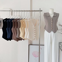 法式无袖针织上衣单排扣子轻奢修身显瘦翻领假领子女跨境厂家直供