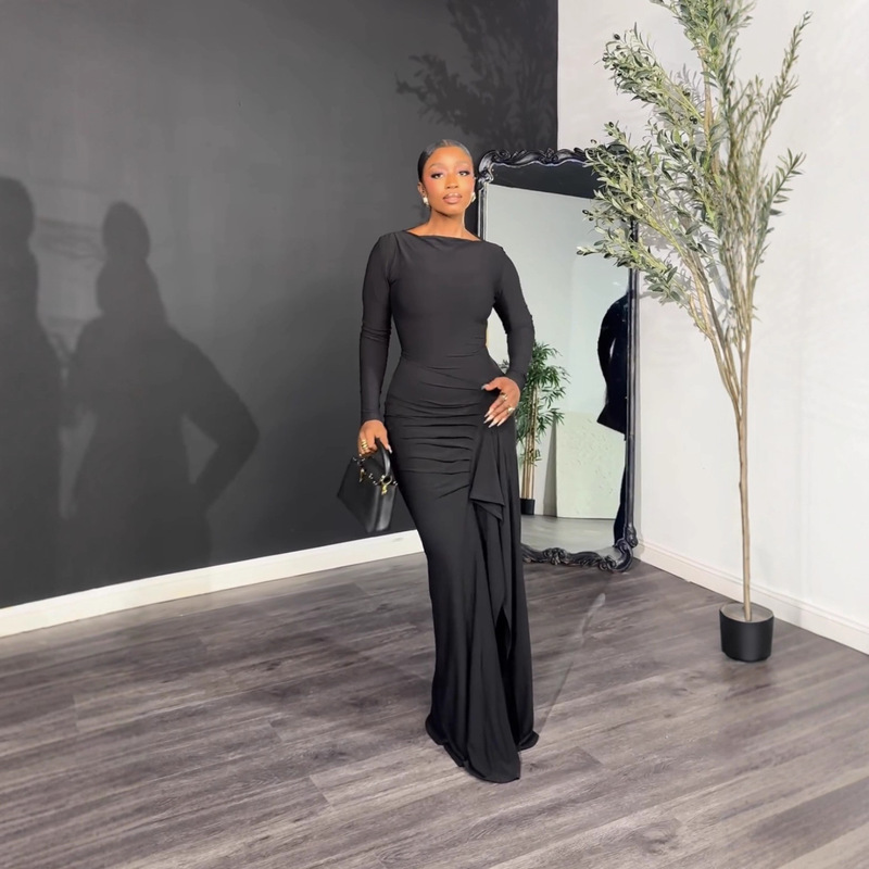 Y6072 New European and American Women's Clothing Cross-Border Autumn and Winter Dress Pure Color Fashionable Elegant Asymmetrical Slit Evening Dress Y6072 New European and American Women's Clothing Cross-Border Autumn and Winter Dress Pure Color Fashionable Elegant Asymmetrical Slit Evening Dress