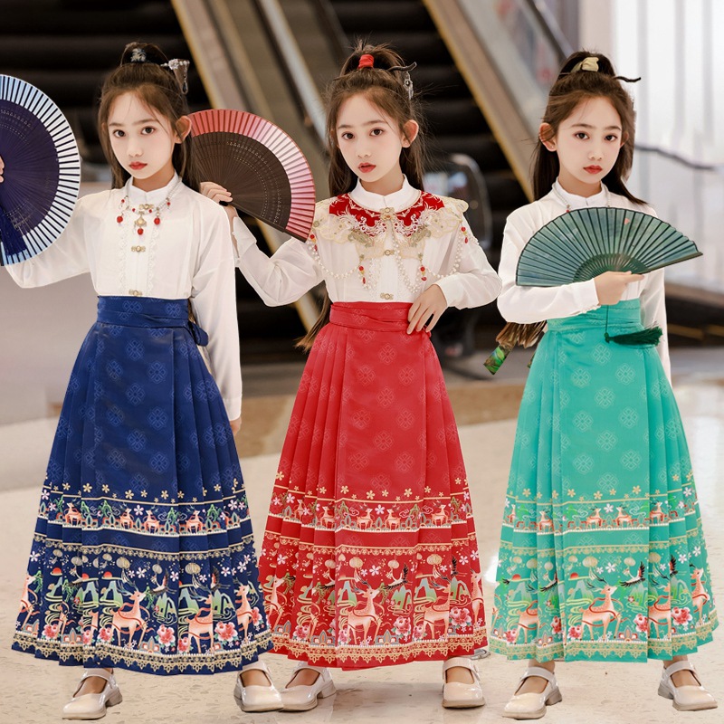 新款馬面裙男女童中國風春秋古裝大童唐裝兒童漢服女孩春季套裝