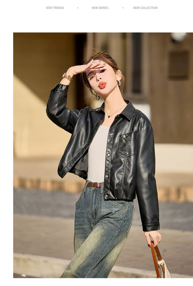 Áo khoác da nữ ngắn dáng ôm cổ bẻ chất liệu giả da cừu — Màu cà phê, màu đen chi tiết 23