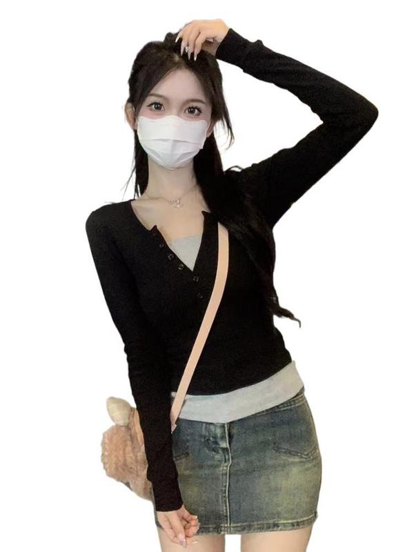 2025秋季感小众V领假两件针织长袖打底衫女t恤别致内搭甜辣小上衣|undefined