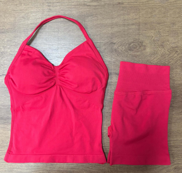 Conjunto DF Amazon pantalones cortos explosivos sujetador pequeño alto elástico superfino nailon halter cuello hermoso chaleco deportivo trasero