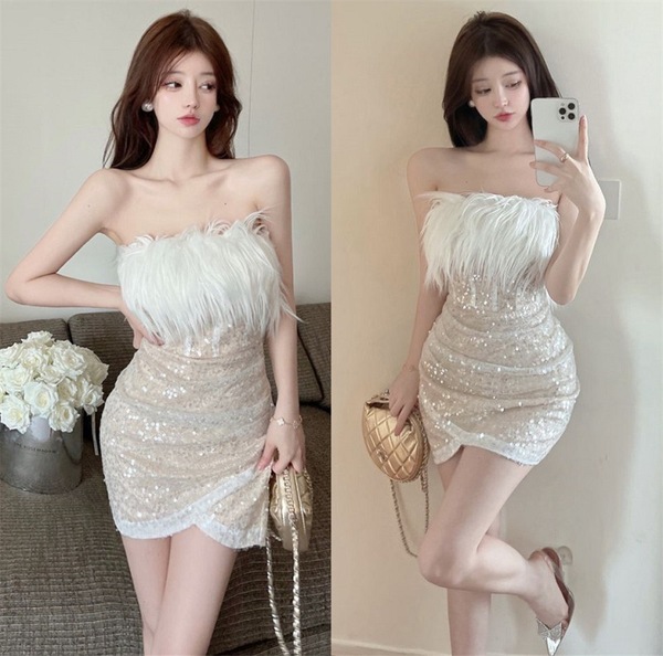 Sexy high waisted， niche sequin style， elegant short dress