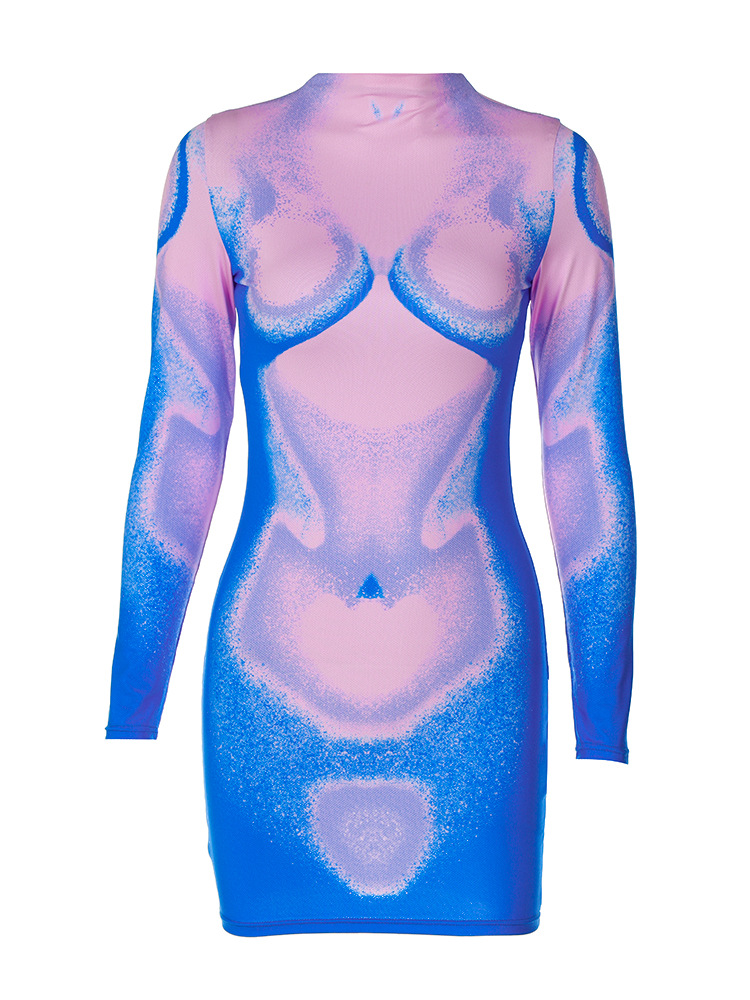 Fashion Solid Color Round Neck Long Sleeve Patchwork Spandex Polyester Knee-Length Sheath Dress