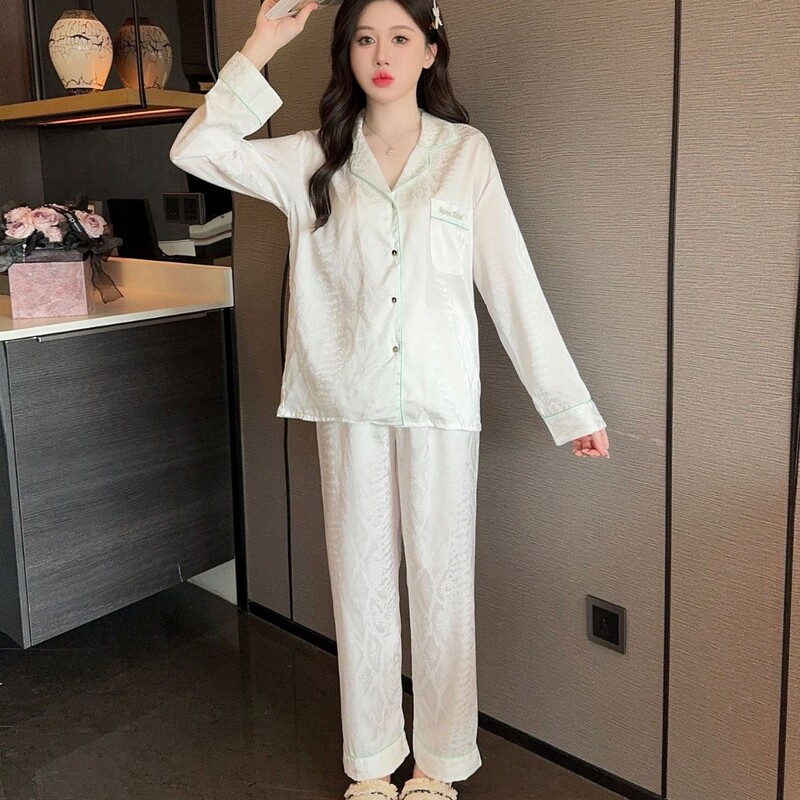 Spring and Autumn Thin Ice Silk Long Sleeve Pajamas Women's Cardigan Large Size Internet Celebrity Suit High-End Solid Color Jacquard Home Clothes Summer
