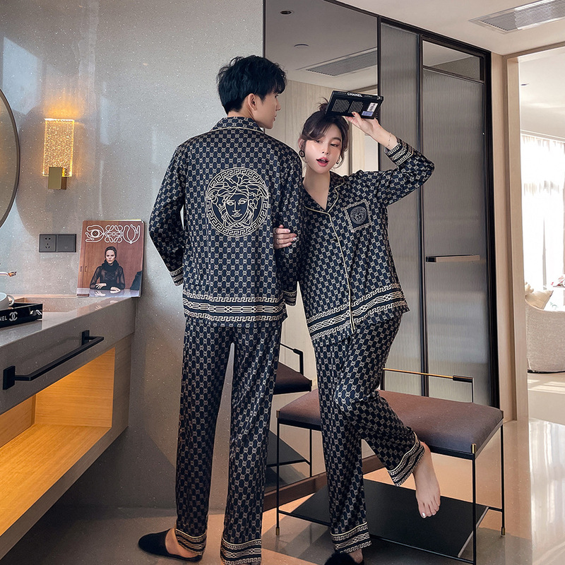 Couple's Pajamas for Men and Women, Summer High-End Ice Silk Long-Sleeve Set, Light Luxury Thin Style with Letter Print Loungewear Couple's Pajamas for Men and Women, Summer High-End Ice Silk Long-Sleeve Set, Light Luxury Thin Style with Letter Print Loungewear