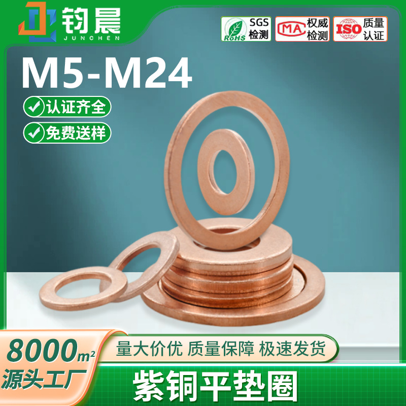紫铜垫片船用表用密封垫圈金属螺丝平垫介子超大紫铜平垫圈M5M24