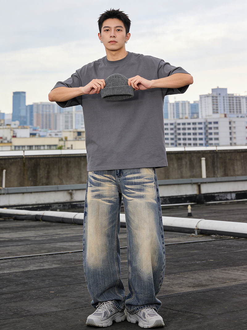 Men's Retro Blue Washed Whiskered Wide Leg Scimitar Jeans Casual Loose Fit American High Street Style Spring New Trousers For Women_mkmklike.com