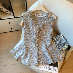 リアルショットフレンチスタイル花柄Vネックノースリーブベストシャツ女性用2025新作夏軽くてゆったりとしたトップス