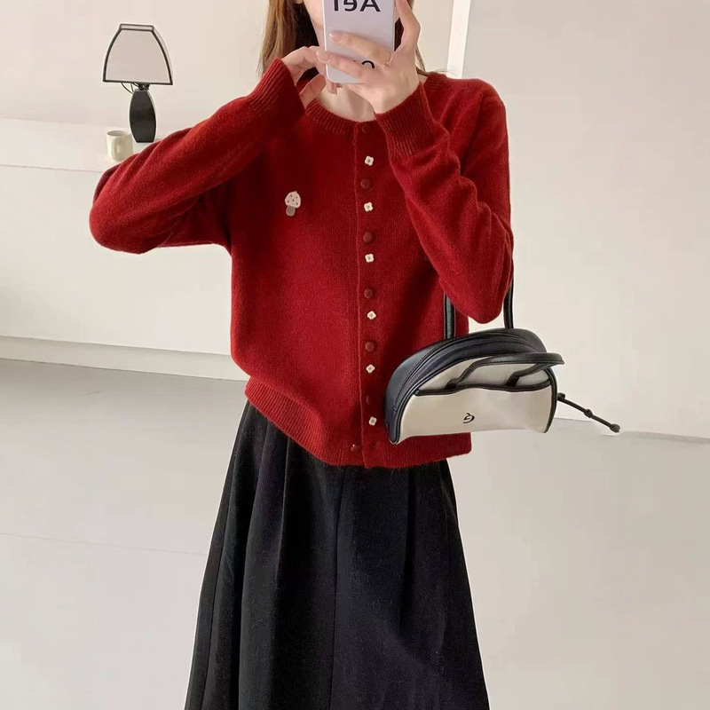Linen Knitted Cardigan 2026 Autumn New Style Niche Age-Reducing Embroidered Mushroom Sweater Women's Jacket Top 1011