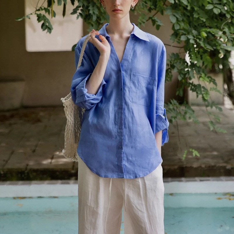 Relaxed Summer/Comfortable V-Neck Lazy Casual Full Linen Profile Shirt Loose Sun Protection Long Sleeve Shirt