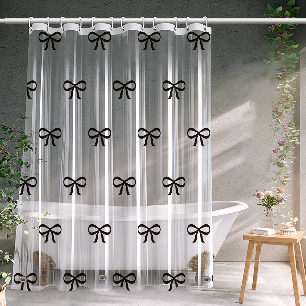 Cross-Border Amazon Bow Flower Transparent Shower Curtain Eva Waterproof and Mildew-Proof Bathroom Shower Room Partition Curtain