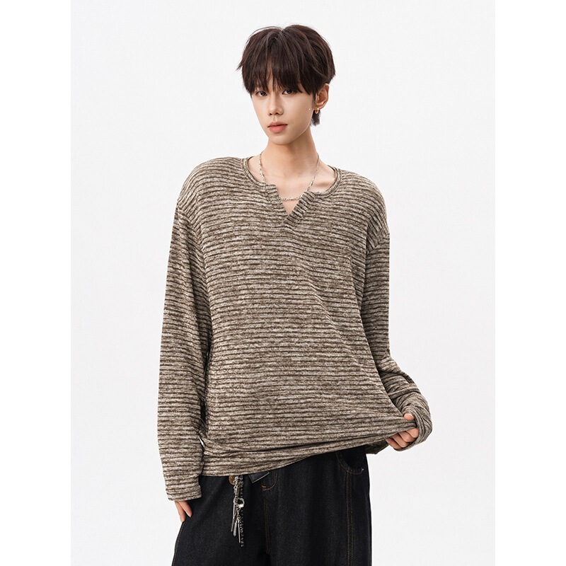 2026 Autumn New Men's Japanese Style Trendy Loose Fit Drop Shoulder Long Sleeve Trendy Youthful Striped Henley Collar Top 2026 Autumn New Men's Japanese Style Trendy Loose Fit Drop Shoulder Long Sleeve Trendy Youthful Striped Henley Collar Top