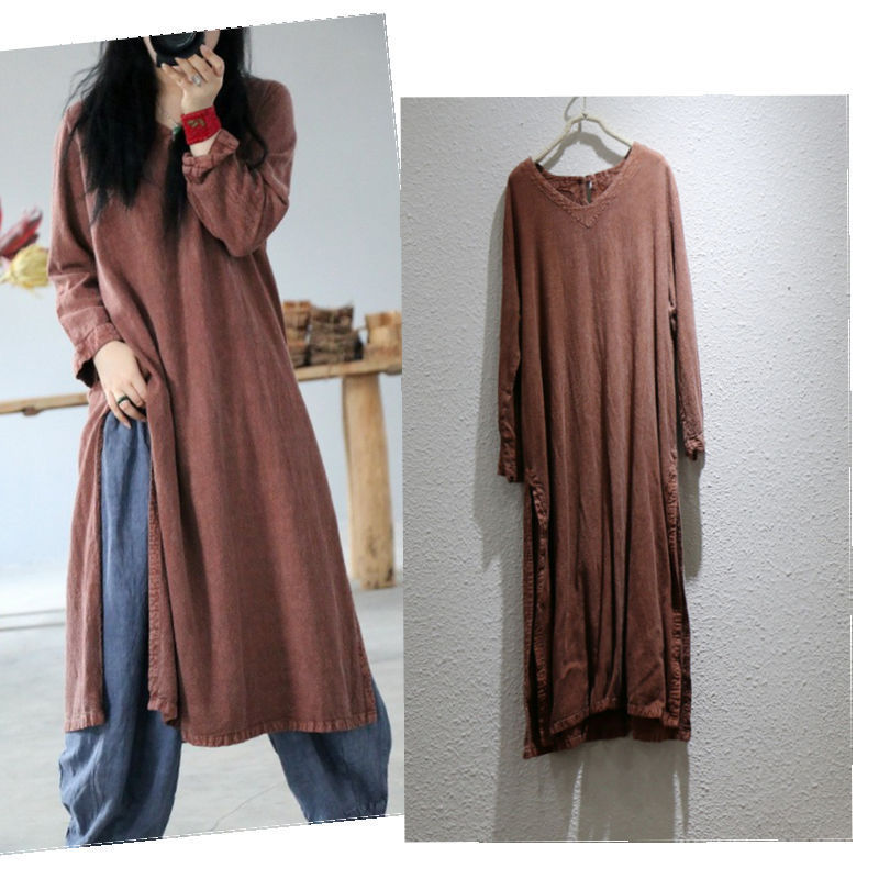 Spring New Robe Plain Linen Old Dyed Long Large Version Buckle Zen Travel Lazy Slit V Neck Long Skirt