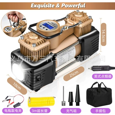 Pump, Dual-Cylinder, High-Pressure, High-Power, Hava nasosu - golden-digital-display-with-light-metal-double-cylinder-all-copper-wire-core-with-handbag