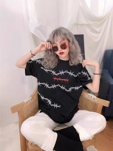 Summer thorn wire printed loose top for men and women's top trend hip-hop T-shirt round neck retro Harajuku