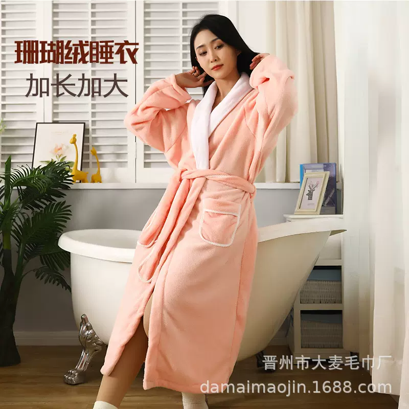 珊瑚绒睡袍加长加厚浴袍睡衣批发大码保暖酒店美容院秋冬浴裙