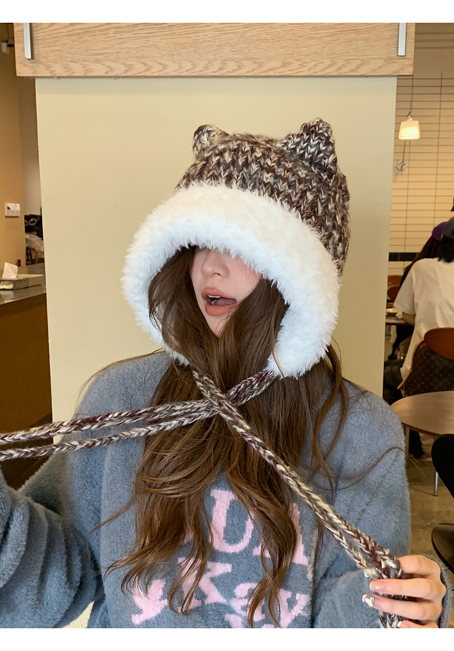 Cute Ears, Big Headband, Colorful Thick Wool Knitted Hat, Women's Autumn and Winter Warmth, Show Face, Small Plush_voghion.com