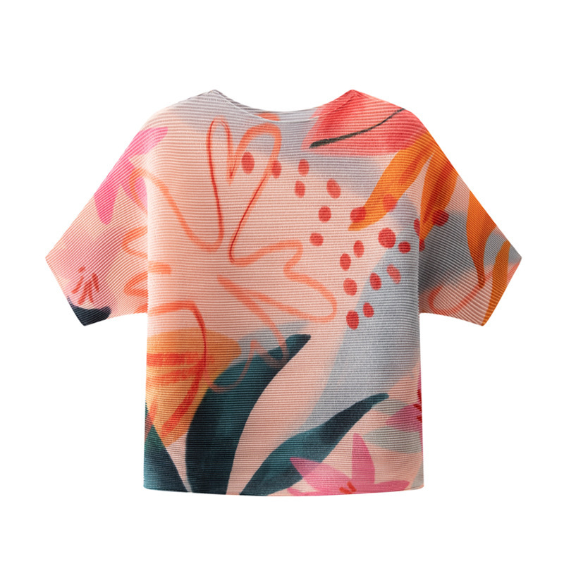 Designed Color-Blocked Round Neck Loose Pleated Short-Sleeved T-Shirt Miyake Fashion Versatile Pleated Top Women's New Summer Style Designed Color-Blocked Round Neck Loose Pleated Short-Sleeved T-Shirt Miyake Fashion Versatile Pleated Top Women's New Summer Style