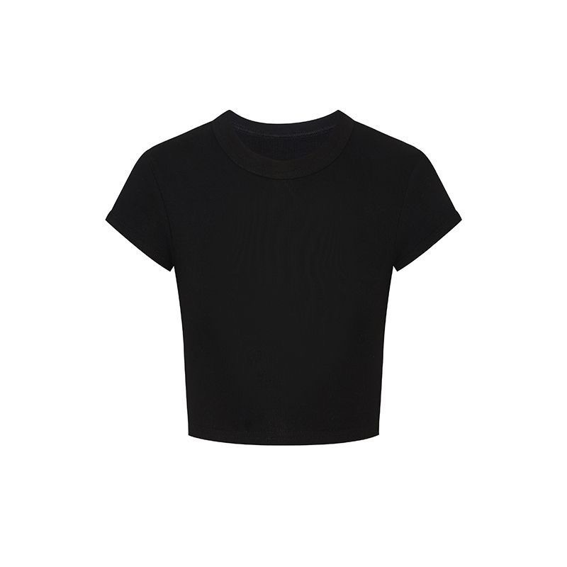 2026 nuevo ombligo negro de manga corta camiseta de hombro corto camiseta de mujer de color sólido delgada blusa corta image 8