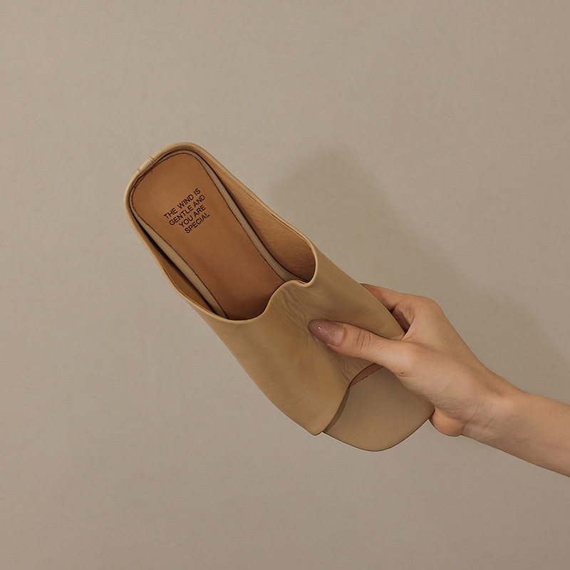 Sandal nữ da bò quai ngang gót thấp hở mũi phong cách Hàn Quốc — đen chi tiết 19
