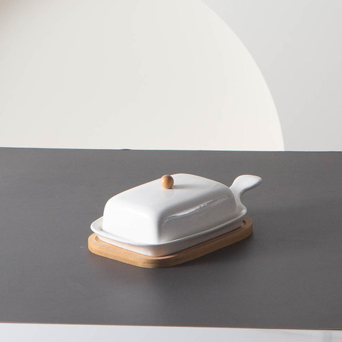 Pre-sale cross-border Amazon ceramic butter dish with bamboo wooden tray meal bag butter box simple pure rectangular butter