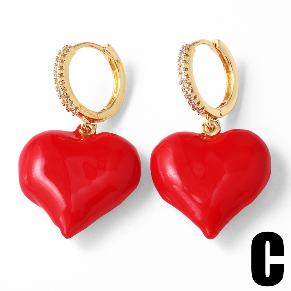 Heart Shape Pattern 1 Pair Cute Heart Shape Enamel Plating Copper Drop Earrings