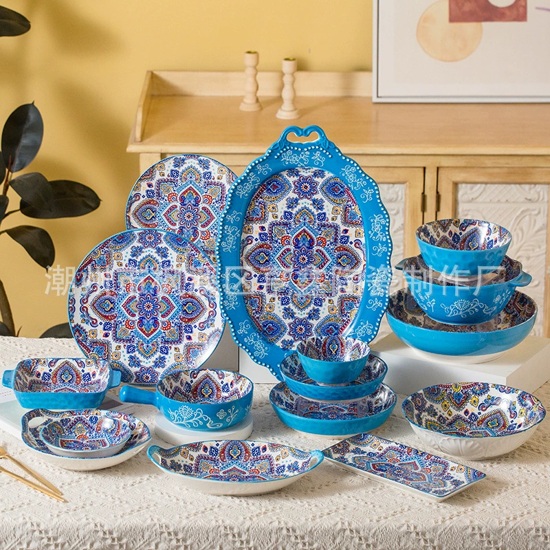 Скандинавская подглазурная керамическая двойная тарелка для салата чаша ручка миска для домашнего риса миска для посуды набор