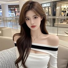 性感辣妹修身显瘦气质百搭洋气秋季长袖上衣一字领撞色超短款打底