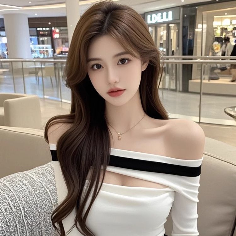 性感辣妹修身显瘦气质百搭洋气秋季长袖上衣一字领撞色超短款打底
