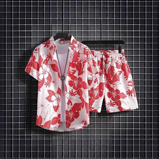 2024跨境沙滩服男夏季休闲衬衫男花衬衫宽松可下水薄款速干短袖男