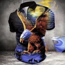 跨境夏季新款男士3D数码印花运动休闲动物短袖拉链POLO衫MB13