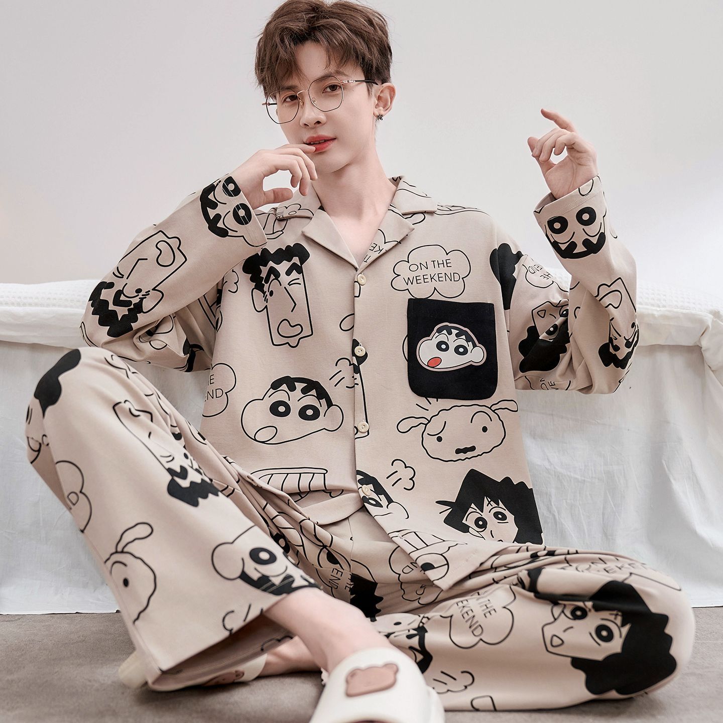 100% Cotton Pajamas for Men Spring and Autum Cartoon Crayon Shin-Chan Youth Casual Loose Home Wear Set