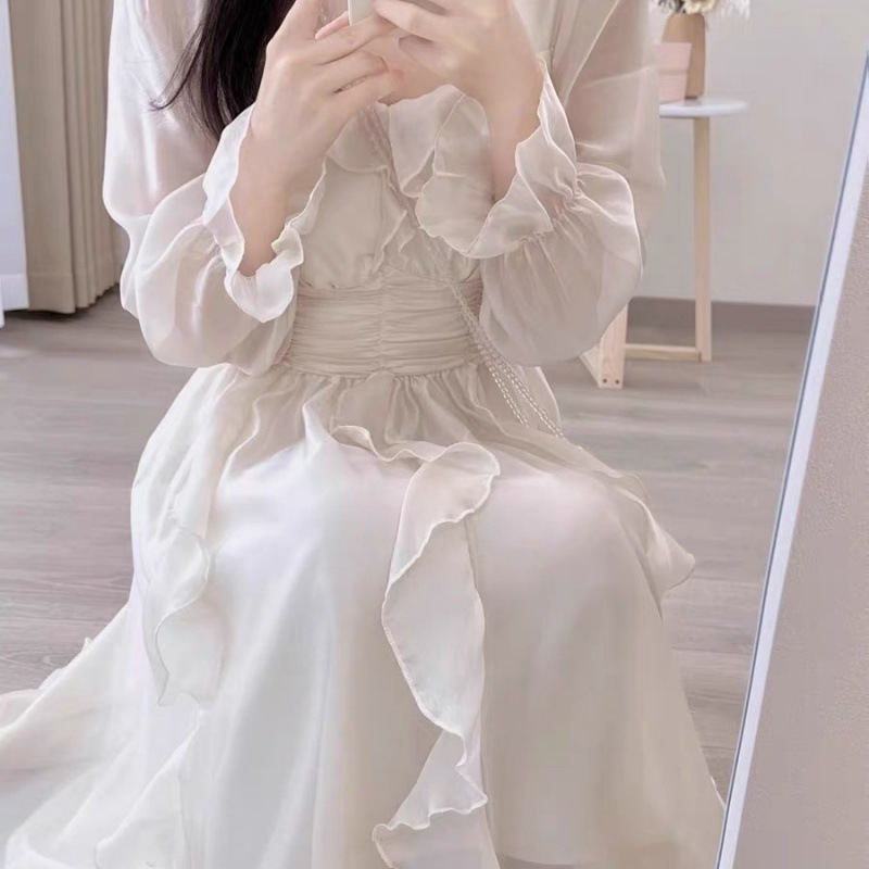 法式杏色温柔方领荷叶连衣裙2025年春秋气质高级小个子超仙长裙女|undefined