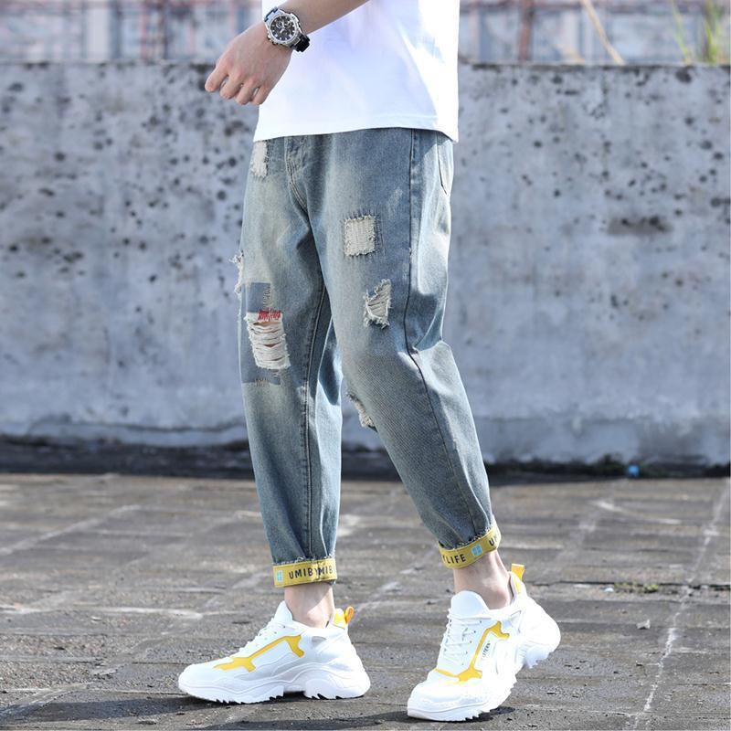 Jeans Slightly Fat Wear Plus Size Summer Thin Perforated Harlan Pippy and Handsome Trendy Cropped Pants Men's_voghion.com
