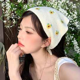 法式田园风复古花朵针织头巾女春夏海边拍照氛围感包头三角巾发带