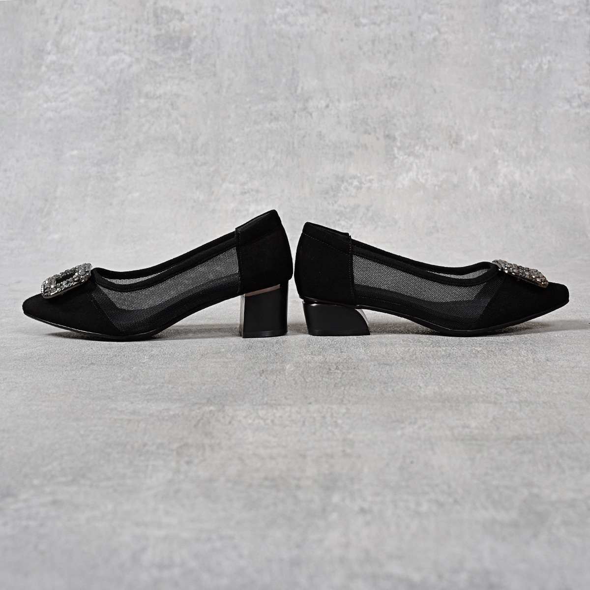 Giày sandal nữ da thật lưới mỏng mũi nhọn gót vuông 3 cm xỏ chân thoáng khí — Đen--3CM chi tiết 7