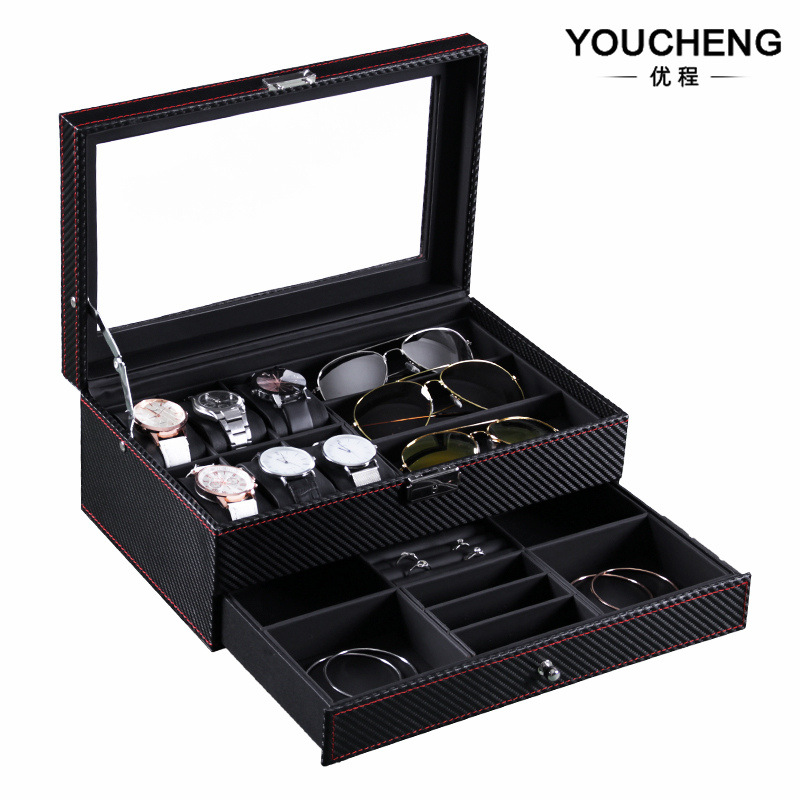 现货批发碳纤维双层手表眼镜盒皮革6位手表盒3位眼镜盒手表首饰盒