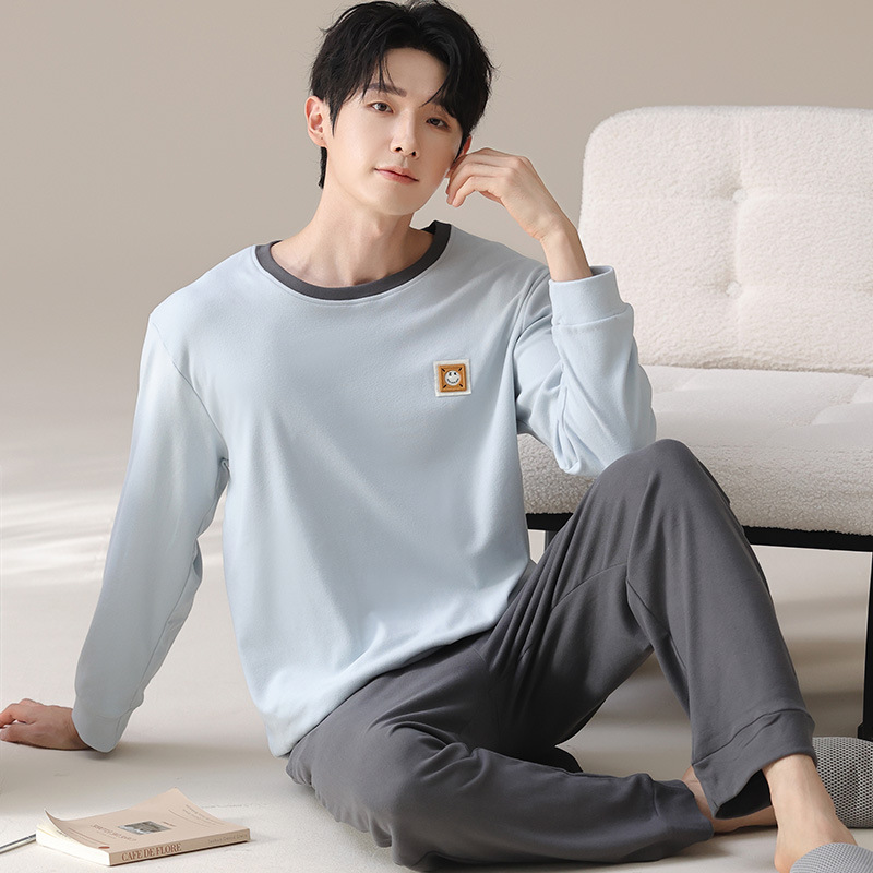 Derong Pajamas Men's Autumn and Winter Long-Sleeved Trousers Round Neck Youth Men's Large Size Home Clothes Suit Drop Shipping