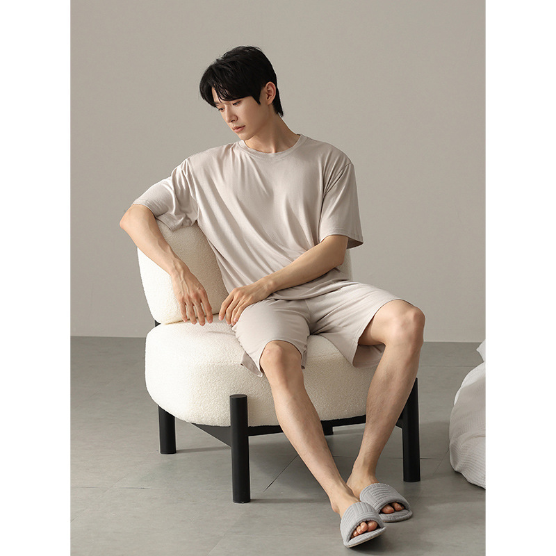 [쿨센스] 모달 아이스실크 파자마 남성용 여름용 얇은 반팔 반바지 외출 가정 옷 세트